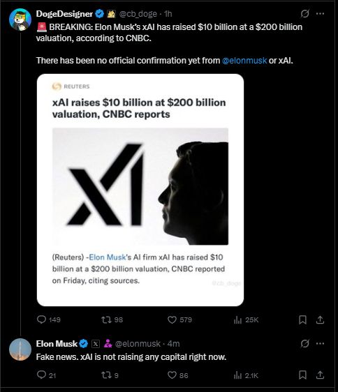 报道称马斯克旗下xAI按2000亿美元估值融资100亿美元，马斯克否认