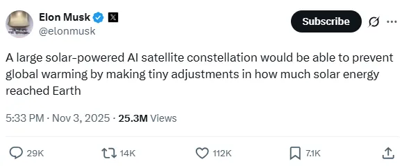 马斯克又产出一个疯狂提案：用AI卫星遮蔽太阳来对抗全球变暖？