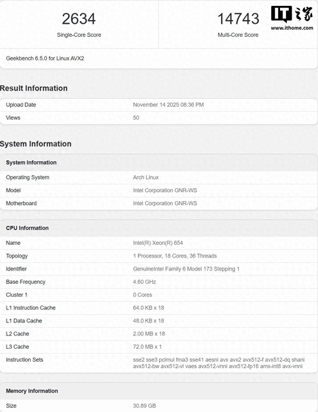 英特尔Granite Rapids-WS规格曝光：至强654现身Geekbench