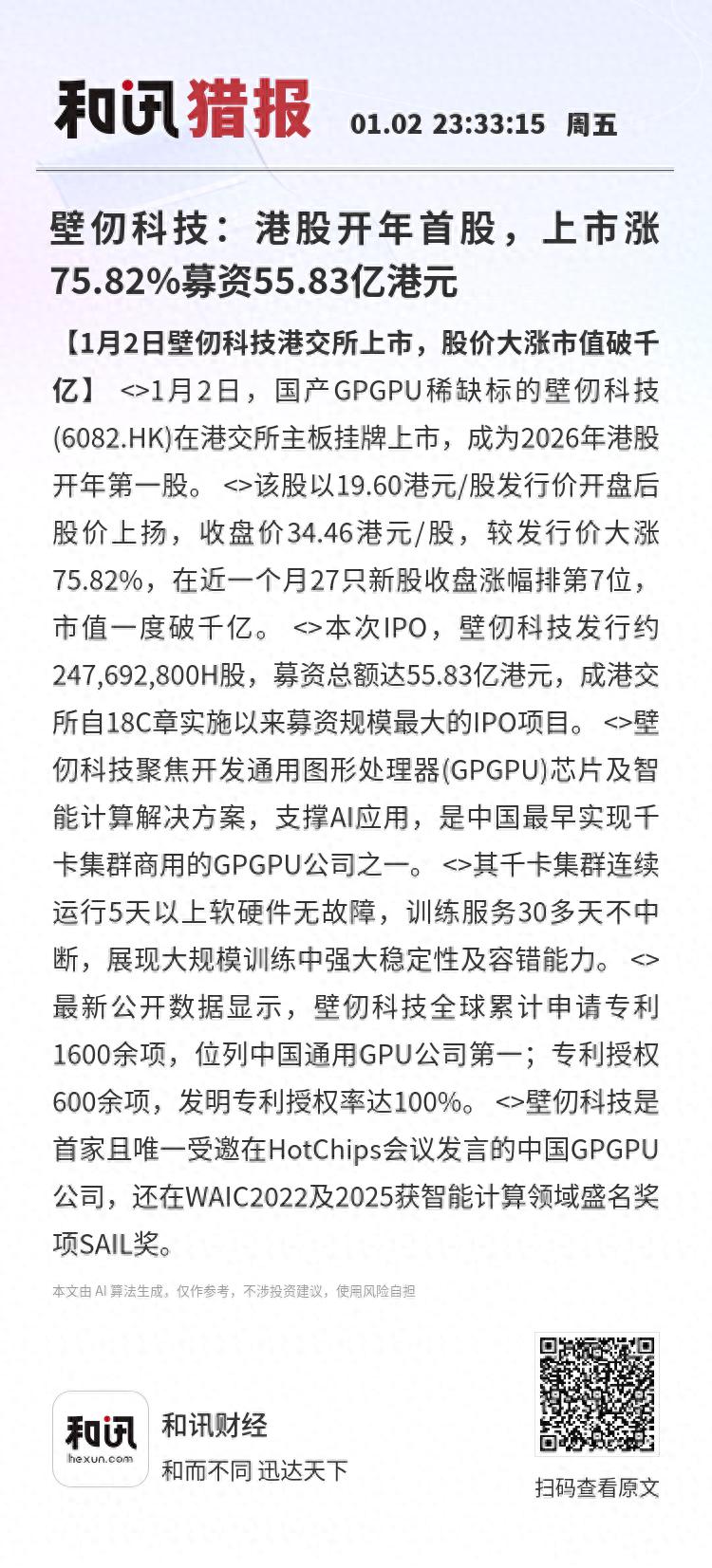 壁仞科技：港股开年首股，上市涨75.82%募资55.83亿港元