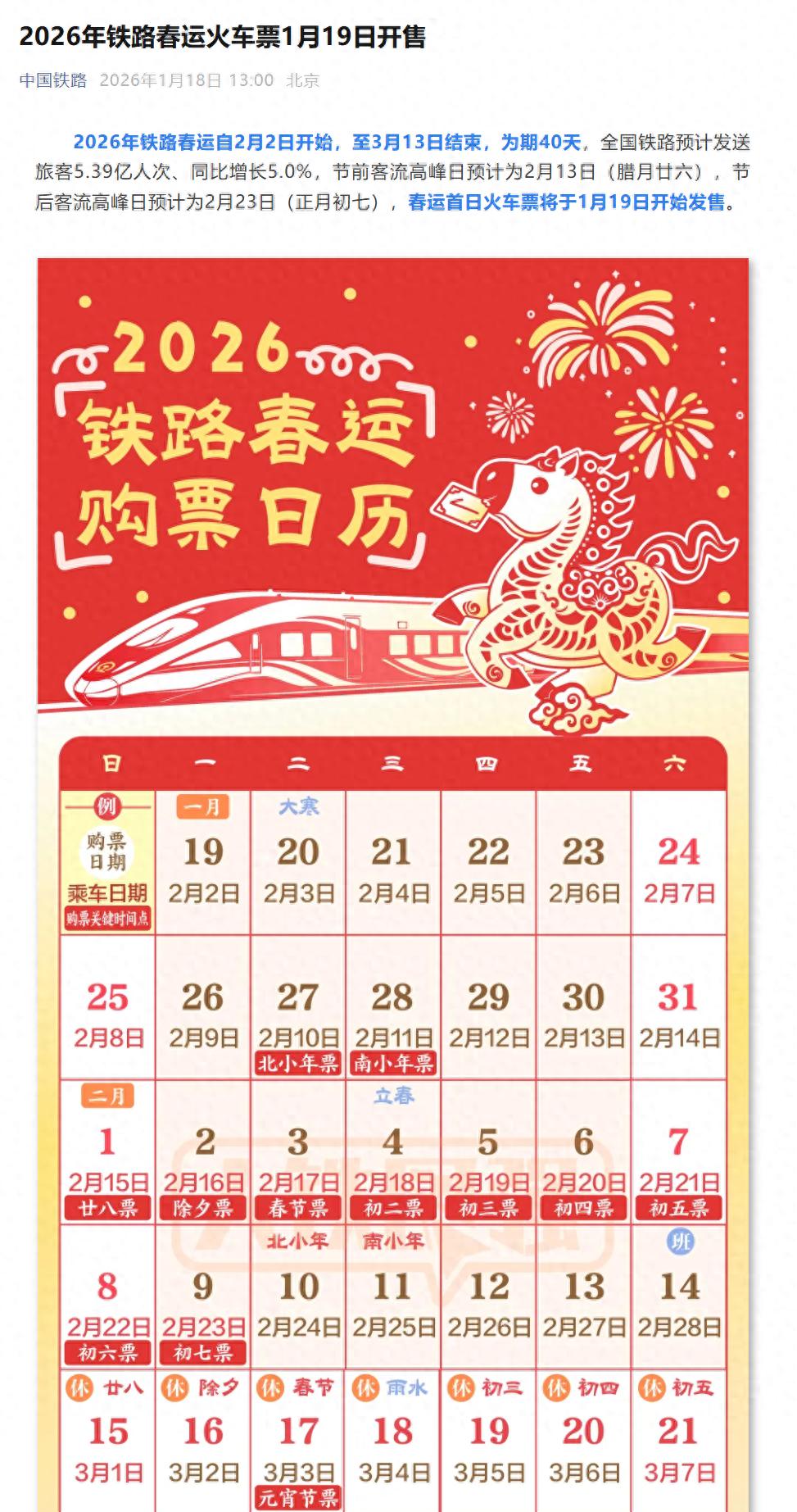 2026年春运火车票明天开售，预计发送旅客5.39亿人次