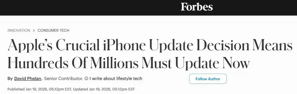 苹果终止对旧版iOS 18的广泛支持，数亿iPhone用户需立即升级至iOS 26