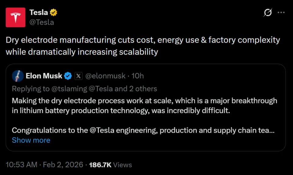 马斯克官宣干电极工艺量产 特斯拉距离固态电池更进一步？
