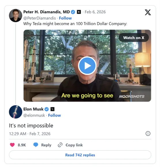 特斯拉多头狂想“100万亿美元”市值，马斯克信心爆棚：并非不可能