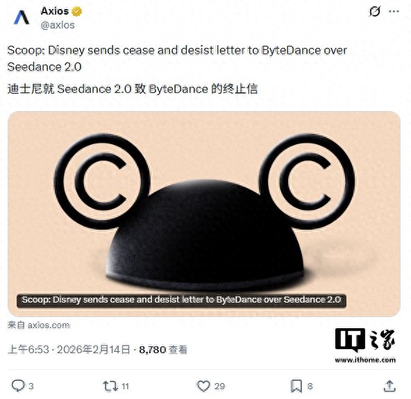 迪士尼指控字节跳动Seedance 2.0模型盗用漫威与星战角色训练AI