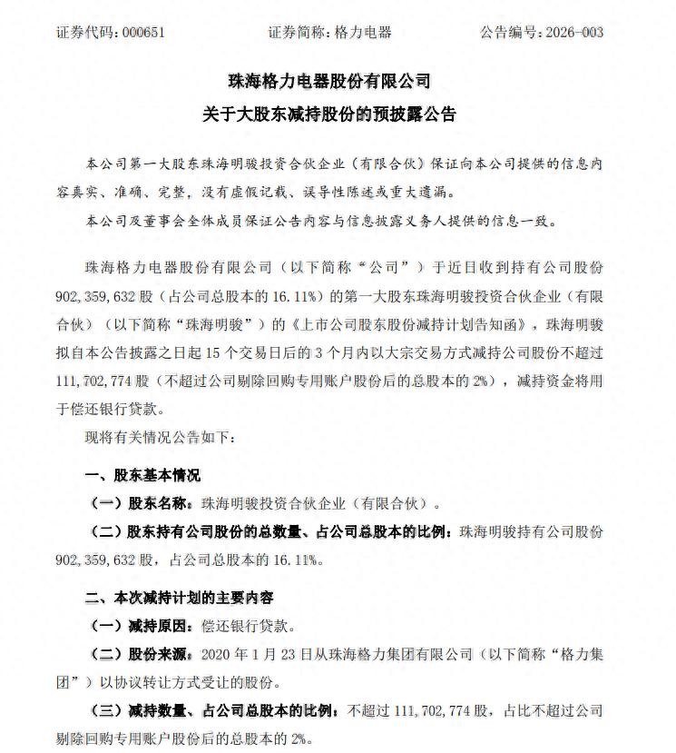 格力电器第一大股东首次减持股份