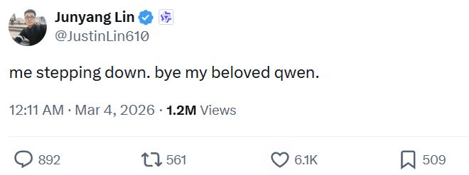 突发！阿里Qwen深夜地震，林俊旸官宣「下台离开」